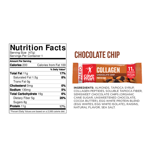 Chocolate Chip Collagen Bars - 12 Count | Caveman Foods